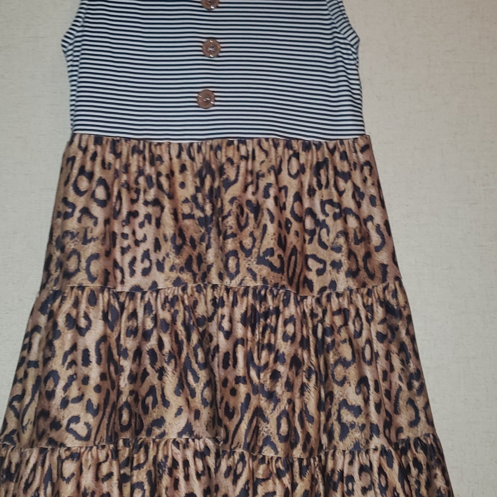 Navy and White Striped Dress with Crisscross Back and Leopred